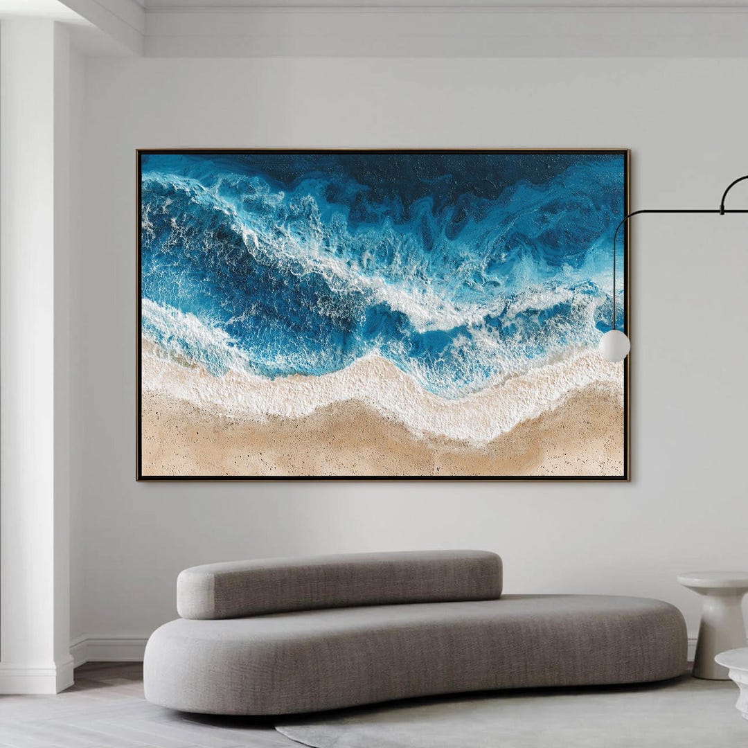 Blue Ocean Wave Oil Painting, Coastal Beach Wall Art, Large Seascape ...