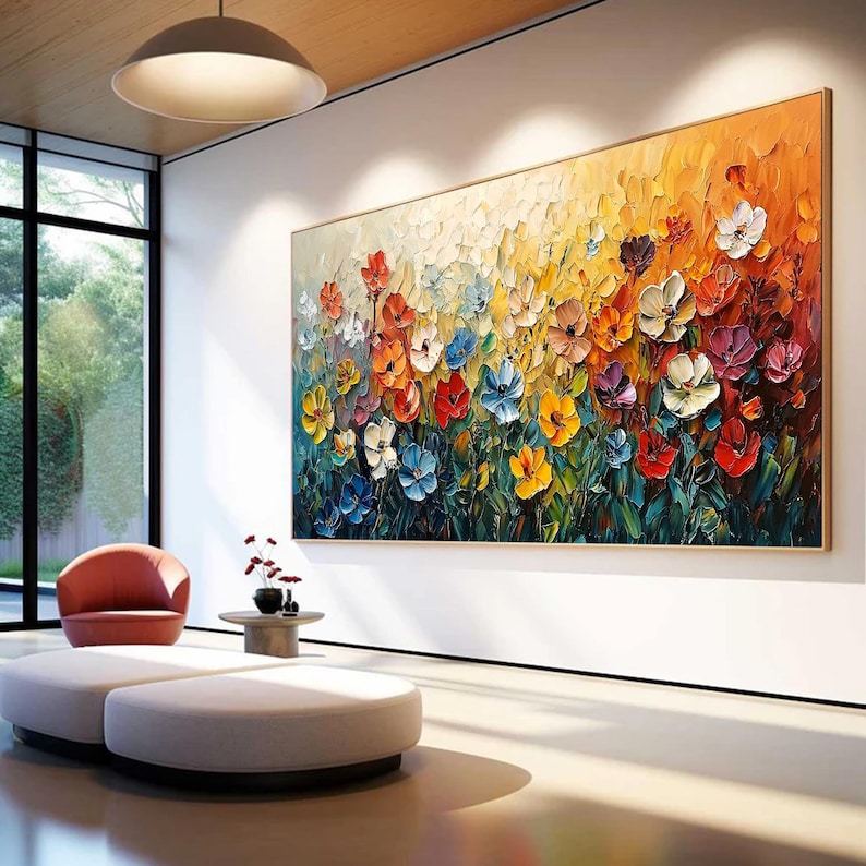 Abstract Colorful Flower Oil Painting On Canvas, Original Blossom Painting, Large Floral Texture Wall Art, Custom Living Room Wall Decor