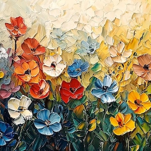Abstract Colorful Flower Oil Painting On Canvas, Original Blossom Painting, Large Floral Texture Wall Art, Custom Living Room Wall Decor