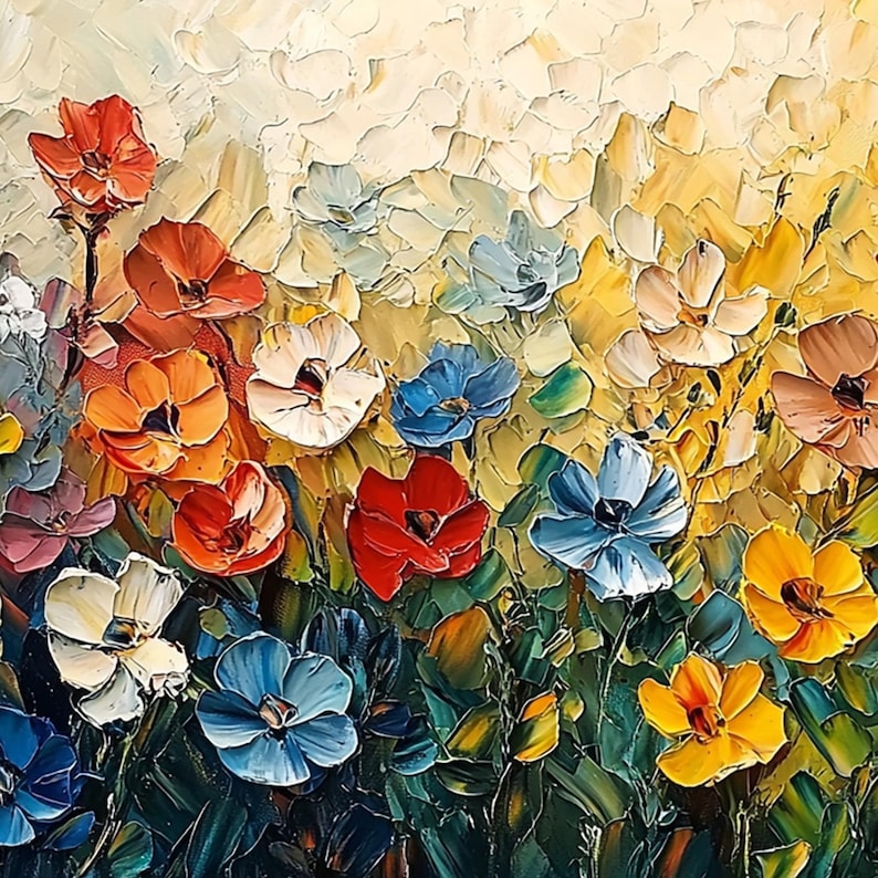 Abstract Colorful Flower Oil Painting On Canvas, Original Blossom Painting, Large Floral Texture Wall Art, Custom Living Room Wall Decor