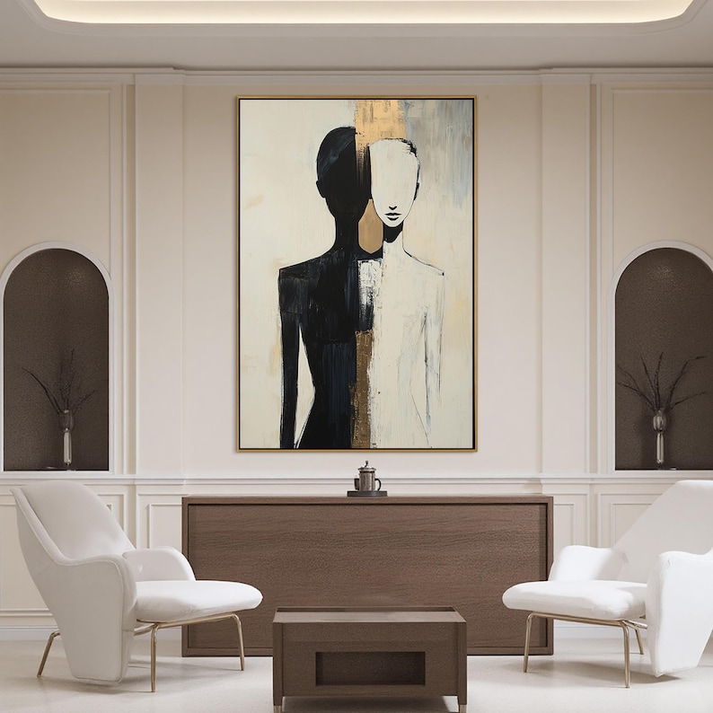 Modern Abstract Portrait Oil Painting, Black & White Minimalist Canvas ...