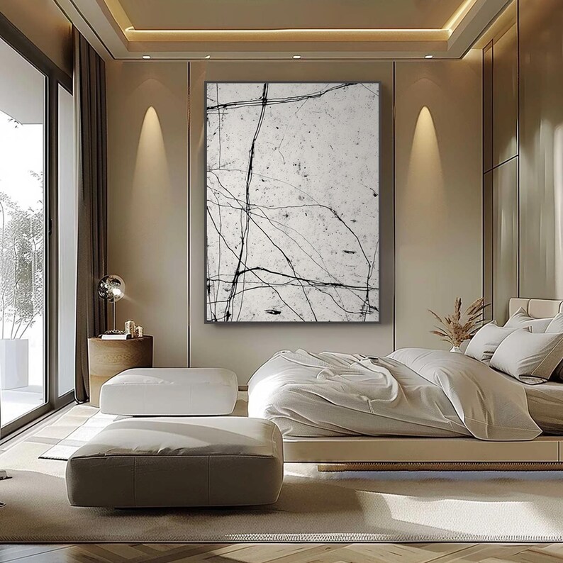Black & White Abstract Art, Large Minimalist Painting, Textured Wall Art, Original Wabi Sabi Decor, Modern Line Art for Living Room Decor