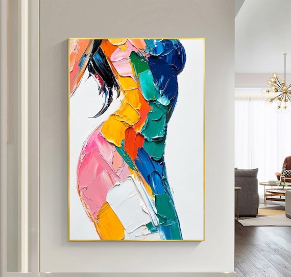 WOMAN 油絵アート Original Colorful Woman Oil Painting, Textured Abstract Female
