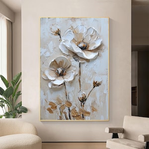 Abstract White 3D Floral Oil Painting On Canvas, Original Flower Canvas Art, Spring Blossom Decor, Textural Wall Art, Modern Bedroom Decor
