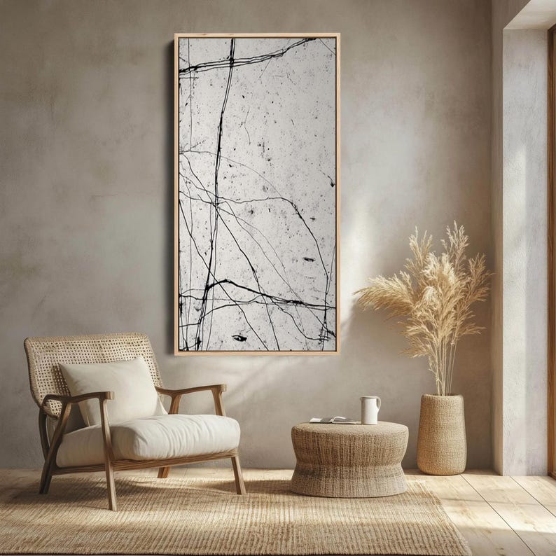 Black & White Abstract Art, Large Minimalist Painting, Textured Wall Art, Original Wabi Sabi Decor, Modern Line Art for Living Room Decor