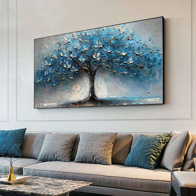 Original Tree of Life Oil Painting on Canvas, Abstract Texture Blue ...