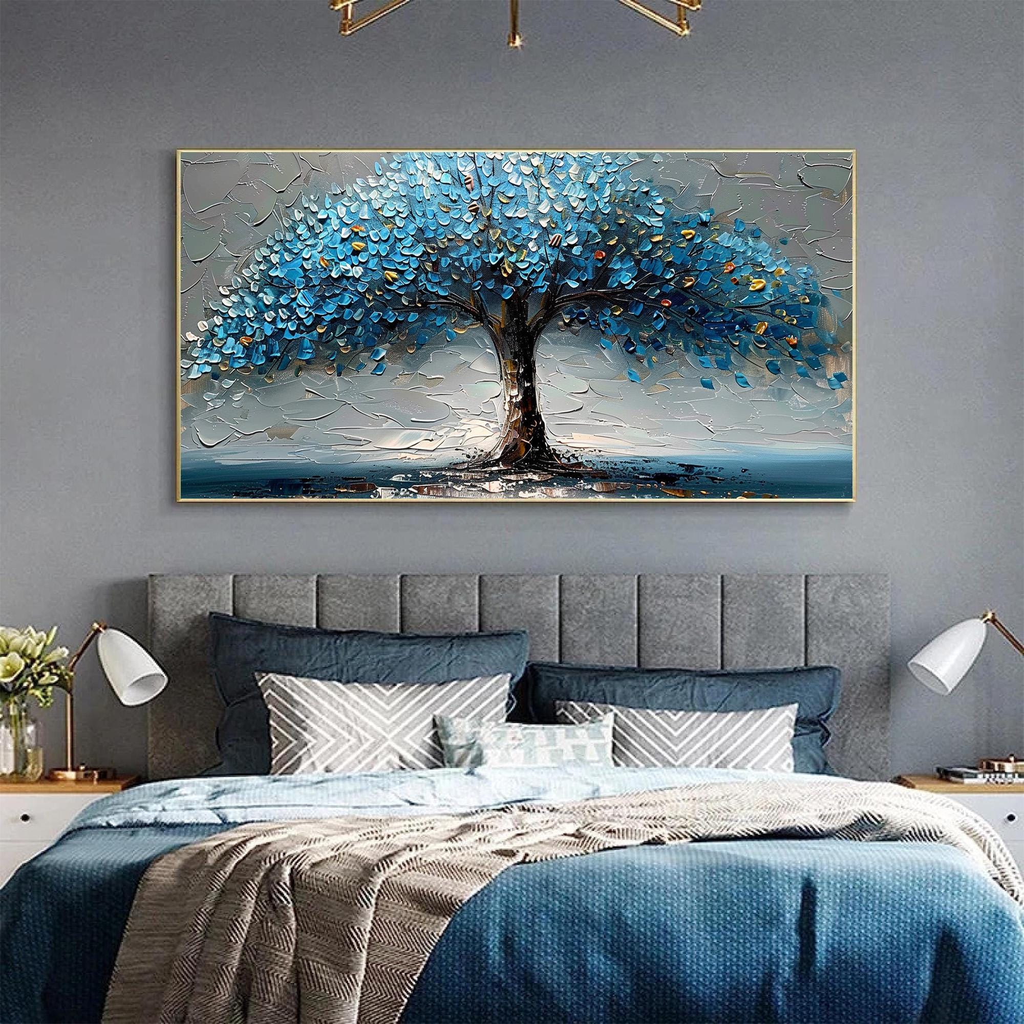 Original Blue Tree Oil Painting on Canvas, Large Textured Abstract Wall ...