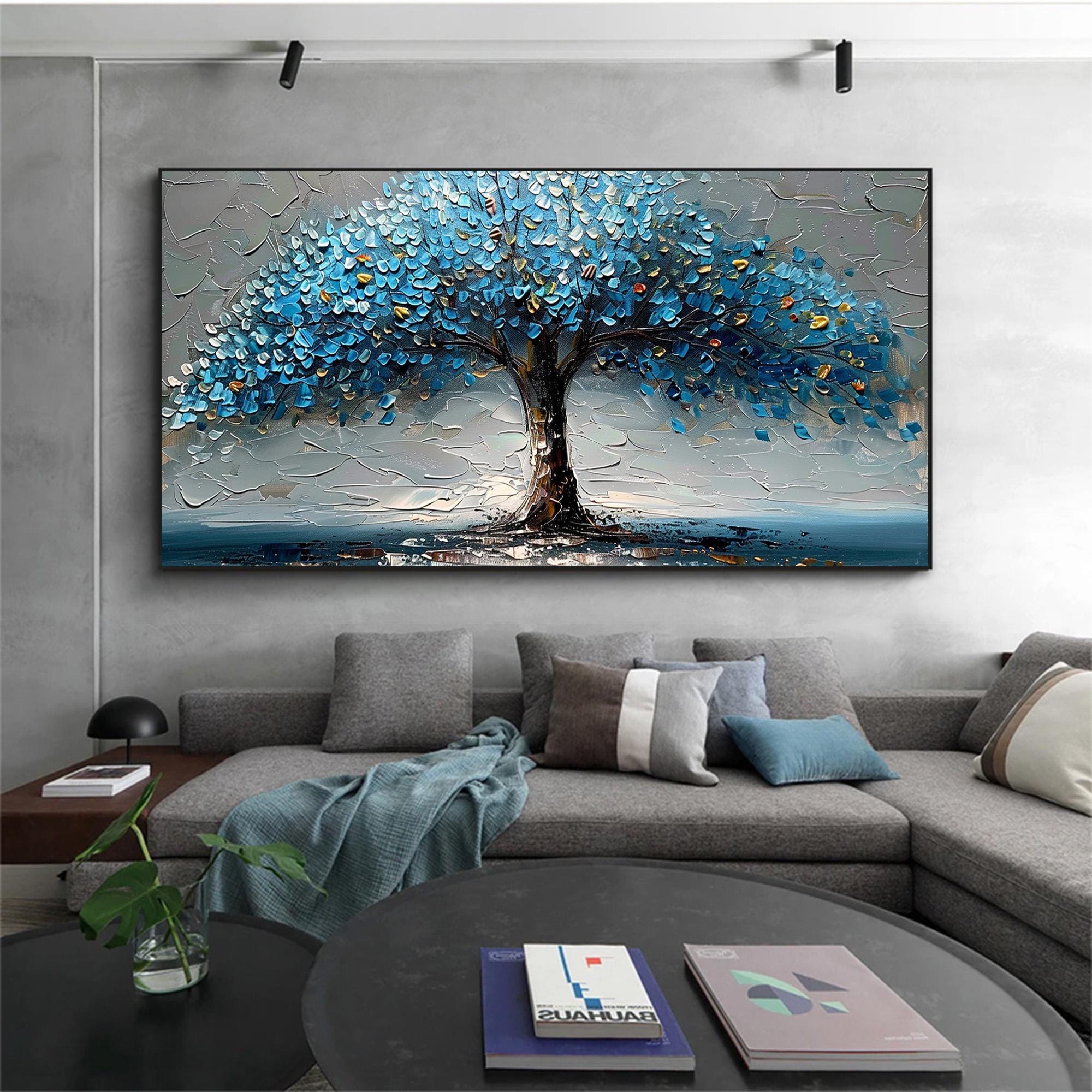 Original Blue Big Tree Oil Painting on Canvas, Large Abstract Tree of ...