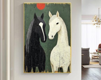 Abstract Horse Oil Painting, Black and White Horses, Modern Wall Art