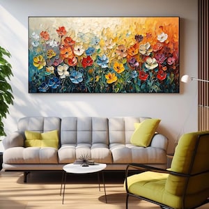 Abstract Colorful Flower Oil Painting On Canvas, Original Blossom Painting, Large Floral Texture Wall Art, Custom Living Room Wall Decor