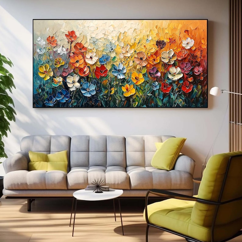 Abstract Colorful Flower Oil Painting On Canvas, Original Blossom Painting, Large Floral Texture Wall Art, Custom Living Room Wall Decor
