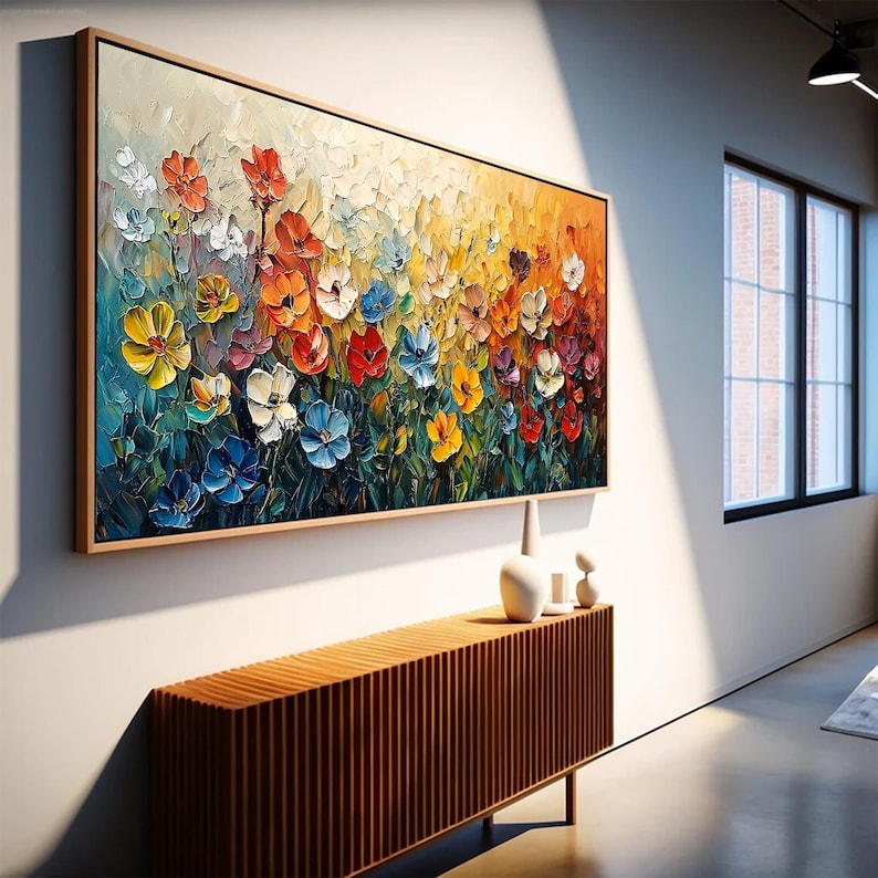 Abstract Colorful Flower Oil Painting On Canvas, Original Blossom Painting, Large Floral Texture Wall Art, Custom Living Room Wall Decor