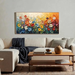 Abstract Colorful Flower Oil Painting On Canvas, Original Blossom Painting, Large Floral Texture Wall Art, Custom Living Room Wall Decor