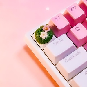 May include: A white keyboard with pink and white keys. A green and white keycap with a flower design is on the '1' key.