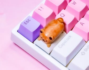 May include: A white keyboard with pink and purple keys. A small brown bear figurine is sitting on the "Q" key.