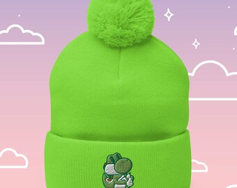Gorro con pompón de Yoshi Boba / Gorro de invierno divertido inspirado en los jugadores / Regalos de videojuegos Amante de Boba Té con burbujas Juegos de gamers kawaii Videojuegos Retro Lindo