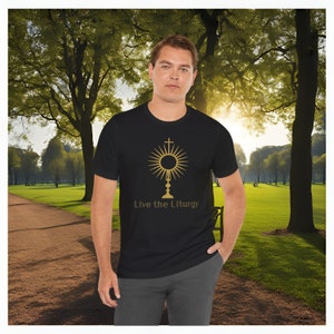 Eucharist Live the Liturgy Tee, Gold on Black
