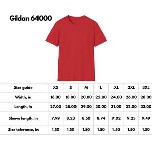 May include: Size chart for Gildan 64000 t-shirts, showing measurements in inches for width, length, sleeve length, and size tolerance for sizes XS to 3XL.