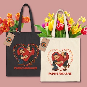 Popeye & Olive Love Heart Canvas Tote Bag, Retro Cartoon Couple Eco Shopper Bag, fans vintage comics bags, nostalgic gifts, daily use bags