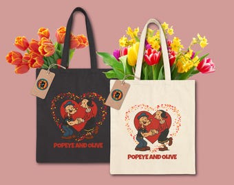 Popeye & Olive Love Heart Canvas Tote Bag, Retro Cartoon Couple Eco Shopper Bag, fans vintage comics bags, nostalgic gifts, daily use bags
