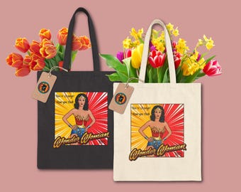 Wonder Woman Lynda Carter Tote Bag | 1970s TV Series Graphic Tote | Vintage Superhero Pop Art Collectible TV Icon Gift for Retro Fans USA