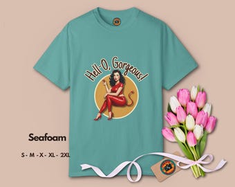 Sexy Devil Girl Pin-Up T-Shirt | Vintage 50s Woman Retro Comic Tee | Halloween Pop Culture Graphic Top | Gothic Vintage Style, Gift for her