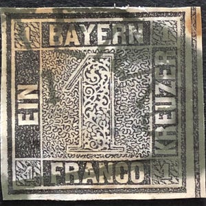 Cat.mi#1 , 3500 euro  Bavaria 1849 German stamp 1kr imperfect. Black handstamp cancellation