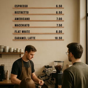 May include: A coffee shop scene with a barista preparing drinks. A menu board lists coffee options: Espresso, Ristretto, Americano, Macchiato, Flat White, and Caramel Latte. Customers are waiting at the counter. The barista wears a brown apron.
