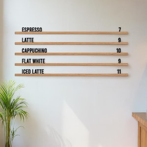 Cafe Wall Menu Board, Wooden Oak Menu Rails, Custom Coffee Shop Menu Display, Bar Menu Board, Wooden Wall Mounted Cafe Menu Coffee Shop Menu