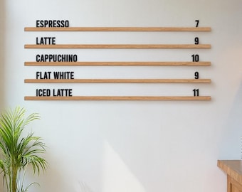 May include: A wooden coffee menu board with black text on a white wall. The menu lists espresso, latte, cappuccino, flat white, and iced latte. The prices are listed next to each item. A small plant and stool are in the foreground.