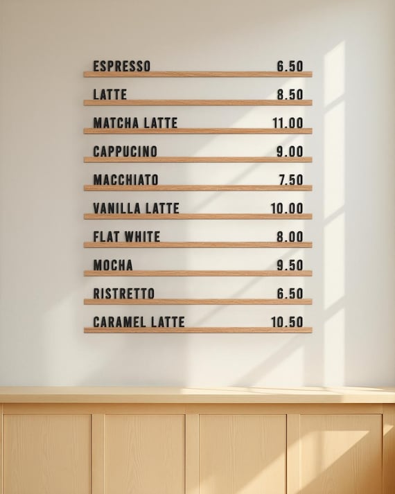 Restaurant Menu Board, Wall Mounted Wooden Rails, Cafe Coffee Shop Menu Display, Oak Wall Menu Board, Custom Cafe Menu Sign, Cafe Menu Rails