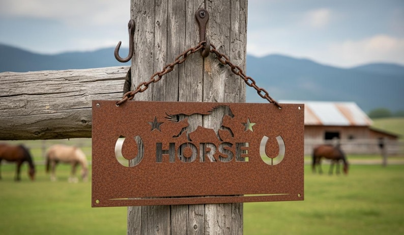 K&ouml;nnte beinhalten: Ein rechteckiges, rostiges Metallschild mit dem ausgeschnittenen Wort "HORSE", einer Pferdesilhouette, Sternen und Hufeisen. Das Schild h&auml;ngt an einer Kette an einem Holzpfosten, mit grasenden Pferden im Hintergrund.