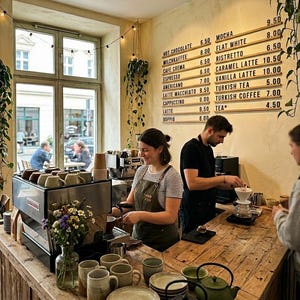 May include: A coffee shop interior featuring a wooden counter with ceramic mugs, plates, and teapots. A menu board on the wall lists various beverages with prices. Two staff members are working behind the counter near an espresso machine.