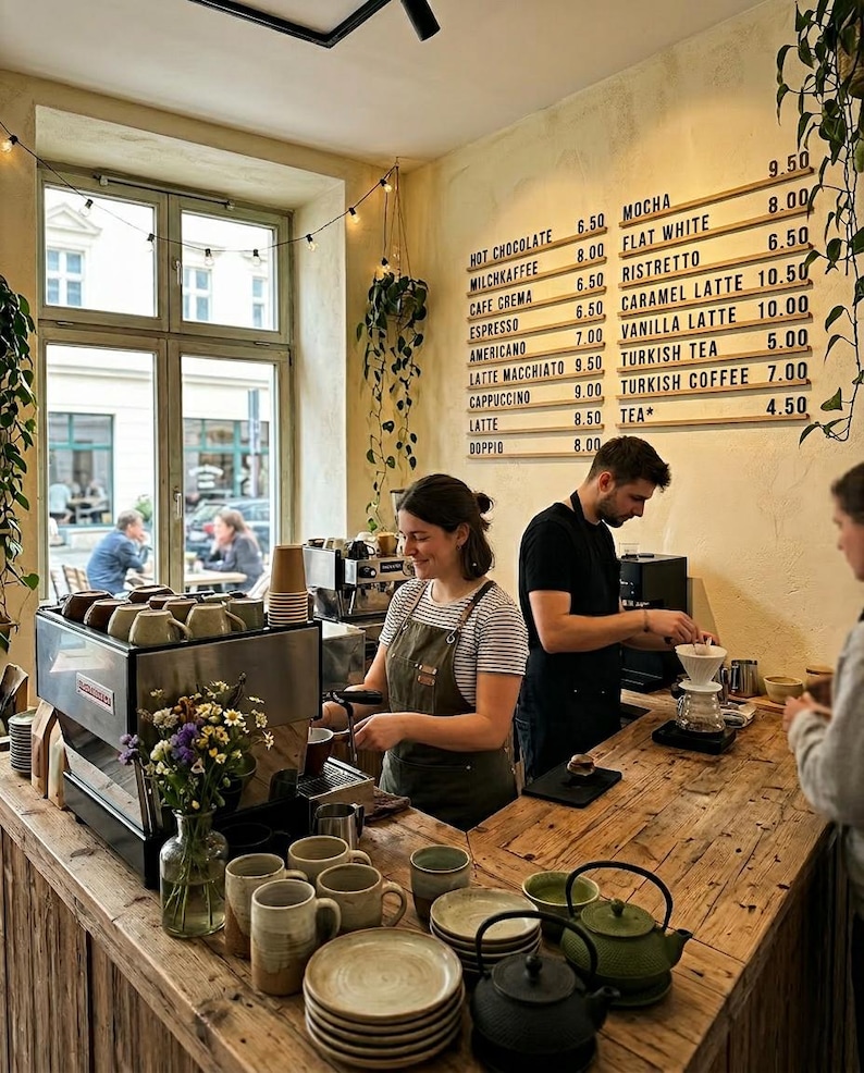 May include: A coffee shop interior featuring a wooden counter with ceramic mugs, plates, and teapots. A menu board on the wall lists various beverages with prices. Two staff members are working behind the counter near an espresso machine.