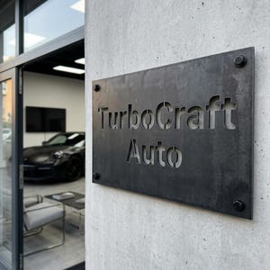 K&ouml;nnte beinhalten: Ein rechteckiges, dunkles Metallschild mit den ausgeschnittenen Worten "TurboCraft Auto". Das Schild ist an einer strukturierten, grauen Betonwand mit vier sichtbaren Schrauben befestigt. Durch eine offene T&uuml;r ist ein schwarzes Auto zu sehen.