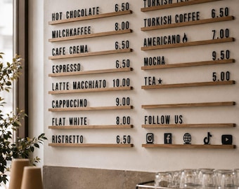 Café Wall Menu Board – Handmade Wooden Rails with Changeable Letters – Restaurant & Coffee Shop Display, Letter Menu Board for Coffee Shop
