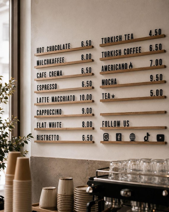 Café Wall Menu Board – Handmade Wooden Rails with Changeable Letters – Restaurant & Coffee Shop Display, Letter Menu Board for Coffee Shop