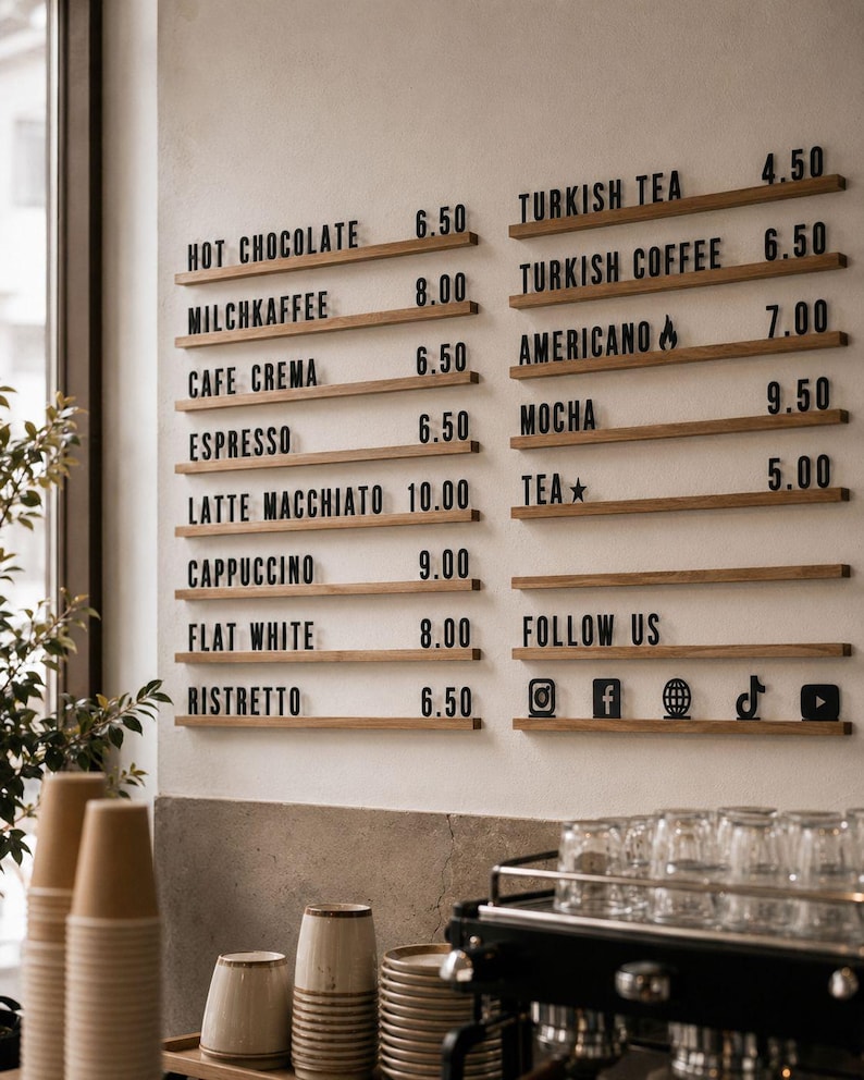 May include: A wall-mounted menu board featuring horizontal wooden rails with black lettering and numerical prices. The menu lists items including Hot Chocolate, Milchkaffee, Cafe Crema, Espresso, Latte Macchiato, Cappuccino, Flat White, Ristretto, Turkish Tea, Turkish Coffee, Americano, Mocha, and Tea.