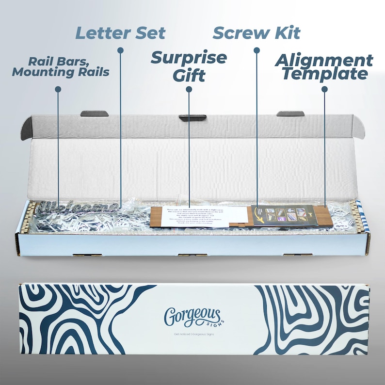 May include: A rectangular cardboard box with a blue and white wavy pattern on the front, containing a letter set, rail bars, mounting rails, a surprise gift, a screw kit, and an alignment template, all labeled with thin black lines.