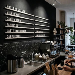 May include: A coffee shop counter featuring a black wall with white letter board menu items including Hot Chocolate, Milchkaffee, Cafe Crema, Espresso, Latte Macchiato, Cappuccino, Turkish Tea, and Turkish Coffee, with a stainless steel sink and espresso machine.