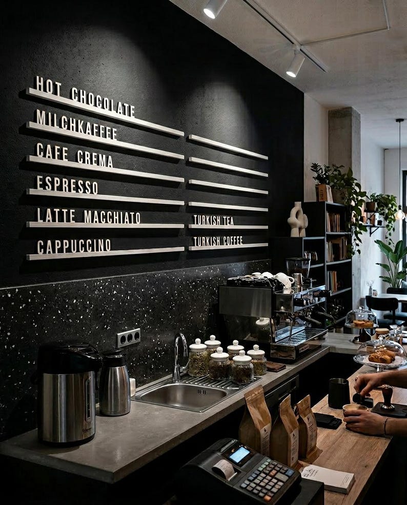 May include: A coffee shop counter featuring a black wall with white letter board menu items including Hot Chocolate, Milchkaffee, Cafe Crema, Espresso, Latte Macchiato, Cappuccino, Turkish Tea, and Turkish Coffee, with a stainless steel sink and espresso machine.