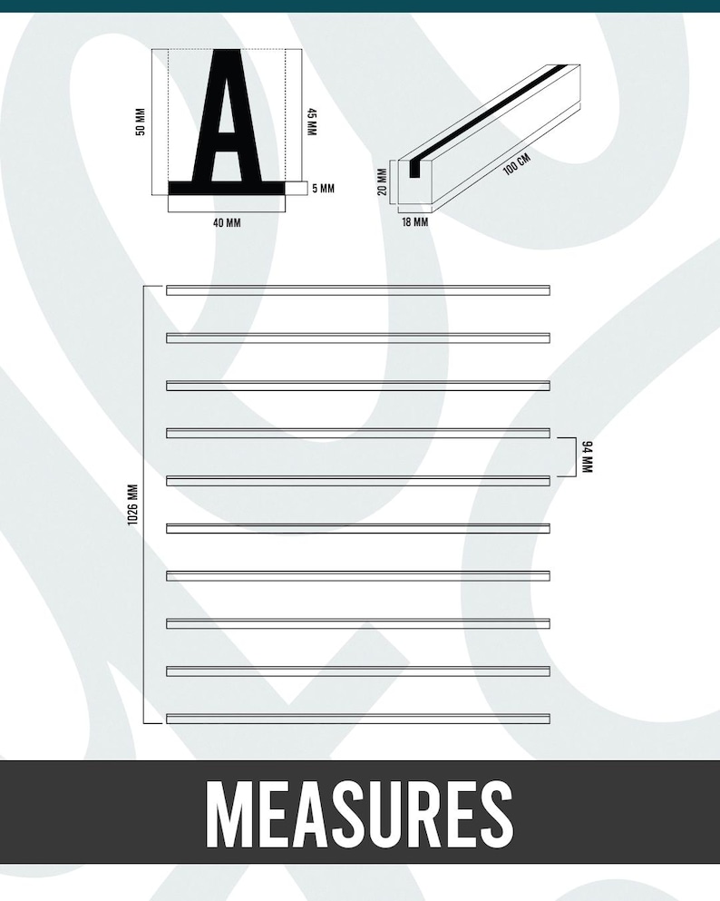 May include: A technical diagram showing a black letter A with dimensions of 50 mm by 40 mm, a slotted rectangular bar measuring 100 cm by 20 mm by 18 mm, and a series of eleven horizontal bars spanning a total vertical height of 1026 mm.