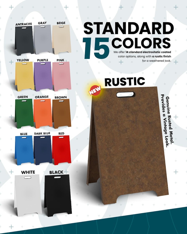 May include: A-frame sign with a rustic brown finish, alongside a display of 14 color options including black, white, red, and blue. The sign is made of genuine rusted metal and provides a vintage look.