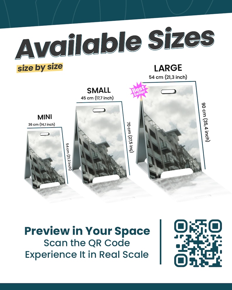 May include: Three A-frame signs in Mini, Small, and Large sizes. Mini is 14.1 inches by 21.2 inches, Small is 17.7 inches by 27.5 inches, and Large is 21.3 inches by 35.4 inches. Each sign features a building graphic and a QR code for previewing.