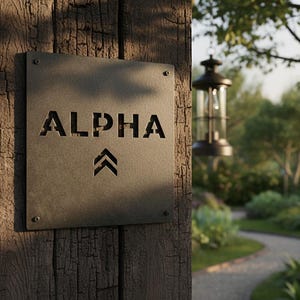 K&ouml;nnte beinhalten: Ein verwittertes Metallschild mit dem ausgeschnittenen Wort "ALPHA" und zwei nach oben zeigenden Chevron-Symbolen darunter. Das Schild ist an einem grob behauenen Holzpfosten befestigt. Im Hintergrund h&auml;ngt eine Laterne, ein Gartenweg ist sichtbar.