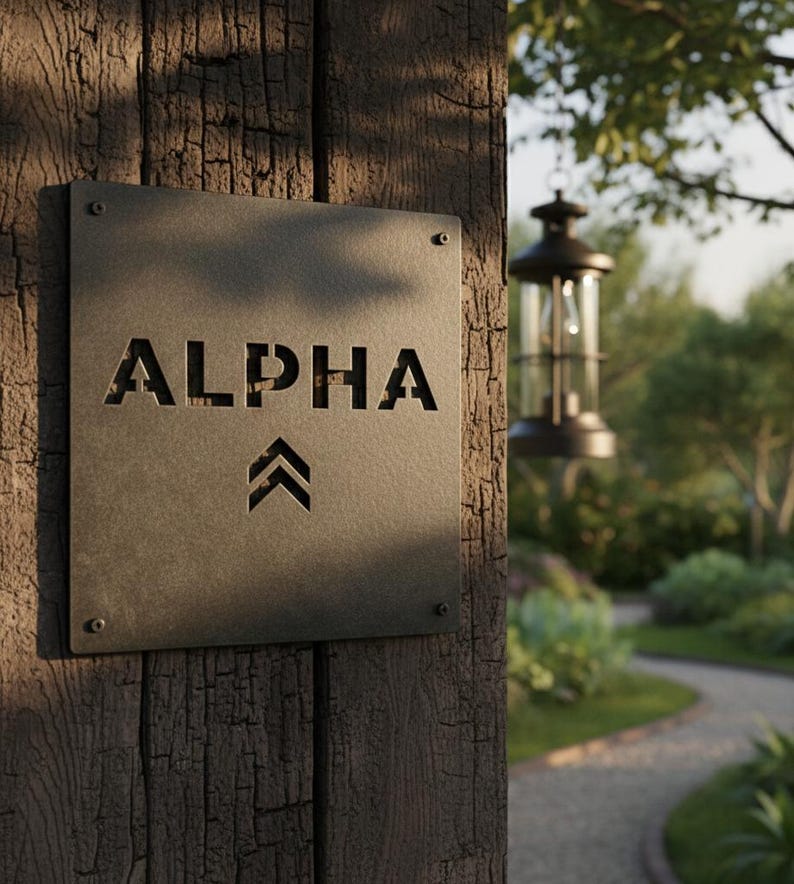 K&ouml;nnte beinhalten: Ein verwittertes Metallschild mit dem ausgeschnittenen Wort "ALPHA" und zwei nach oben zeigenden Chevron-Symbolen darunter. Das Schild ist an einem grob behauenen Holzpfosten befestigt. Im Hintergrund h&auml;ngt eine Laterne, ein Gartenweg ist sichtbar.