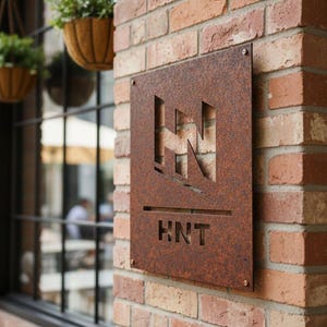 K&ouml;nnte beinhalten: Ein rechteckiges, rostiges Metallschild mit den ausgeschnittenen Buchstaben "HNT", das an einer roten Backsteinmauer befestigt ist. Das Schild hat ein geometrisches Design &uuml;ber den Buchstaben. Die Backsteinmauer besteht aus roten und braunen Ziegeln.
