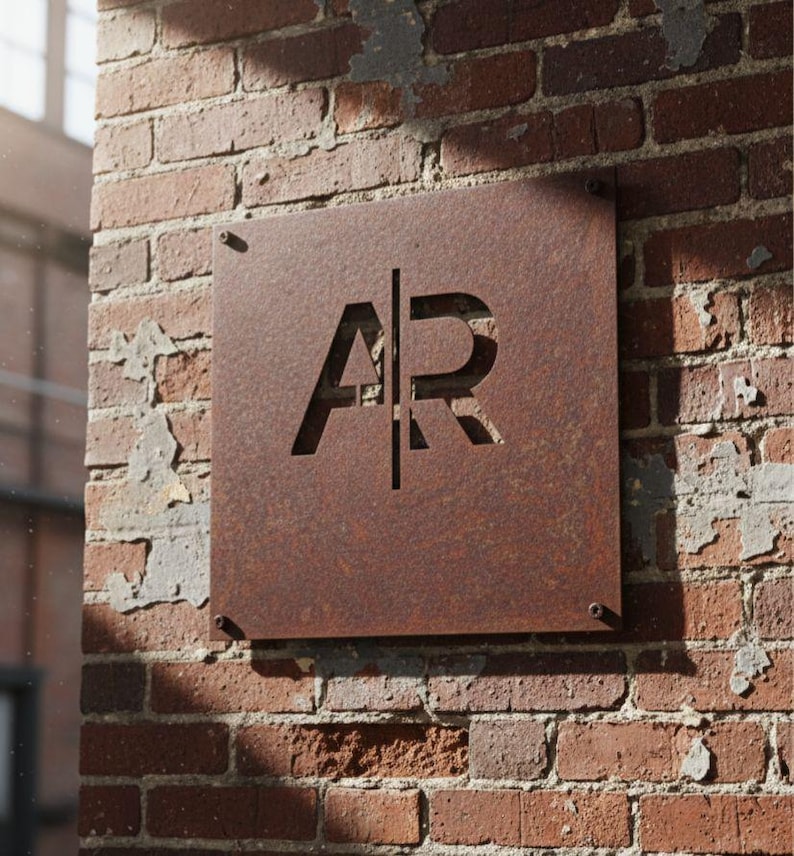K&ouml;nnte beinhalten: Ein quadratisches, rostiges Metallschild mit den ausgeschnittenen Buchstaben "AR", das an einer verwitterten Backsteinmauer befestigt ist. Das Schild ist mit vier kleinen Schrauben befestigt. Die Backsteinmauer ist eine Mischung aus roten und braunen Ziegeln mit fehlendem M&ouml;rtel.