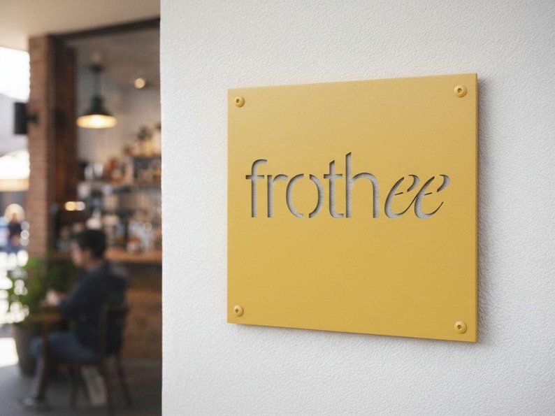K&ouml;nnte beinhalten: Ein quadratisches, senfgelbes Schild mit dem Wort "frothee" aus Metall ausgeschnitten. Das Schild ist mit vier kleinen goldfarbenen Schrauben an einer wei&szlig;en Wand befestigt. Das Schild ist wahrscheinlich f&uuml;r ein Caf&eacute;.