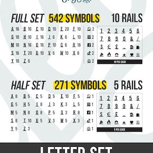 May include: A letter set product display featuring a full set of 542 symbols with 10 rails and a half set of 271 symbols with 5 rails. The image lists quantities for letters A through Z, numbers 0 through 9, and various icons including currency and social media symbols.